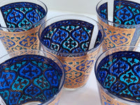 Load image into Gallery viewer, Georges Briard Signed Mid-Century Firenza Blue and 22-Karat Gold Italian Renaissance Cross Double Old Fashion Glasses (Set of 5)
