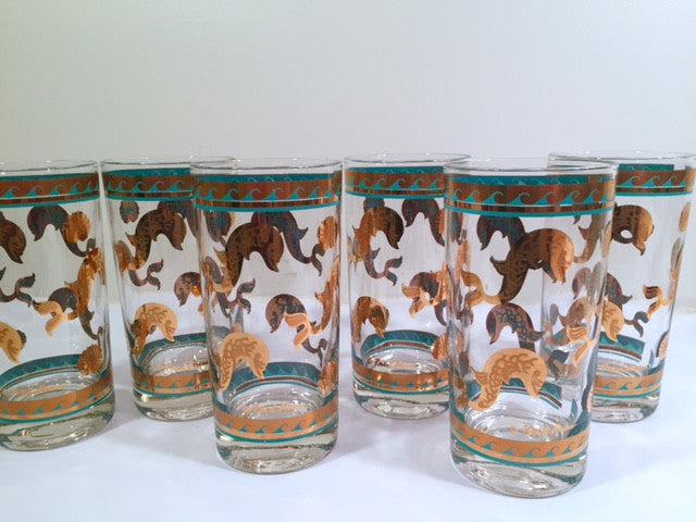 Fred Press Signed Mid-Century Turquoise & 22-Karat Gold Dolphin Glasses (Set of 6)
