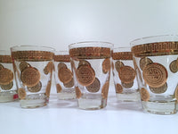 Load image into Gallery viewer, Fred Press Signed Mid-Century Golden Mayan Circle Whiskey-Double Shot Glasses (Set of 6)
