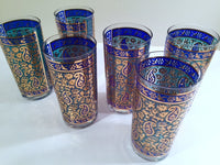 Load image into Gallery viewer, Georges Briard Signed Mid-Century Sari Blue Paisley &amp; 22-Karat Gold Highball Glasses (Set of 6)
