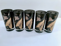 Load image into Gallery viewer, Georges Briard Signed Mid-Century Black and 22-Karat Gold Honey Bee and Nature Glasses (Set of 5)
