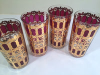 Load image into Gallery viewer, Culver Signed Mid-Century Cranberry Scroll 22-Karat Gold Glasses (Set of 4)
