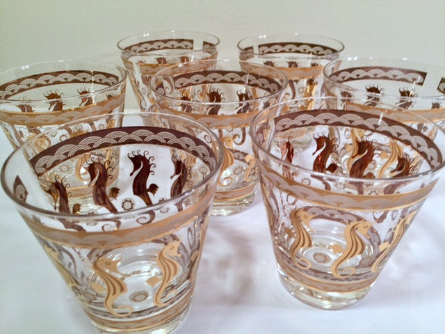 Fred Press Signed Mid-Century 22-Karat Gold Seahorse Double Old Fashion Glasses (Set of 7)