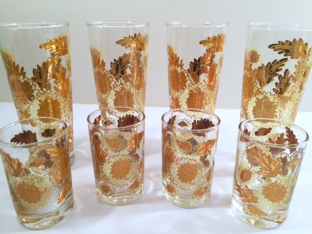 Bartlett Collins Mid-Century Golden Chrysanthemums 8-Piece Set (4 Tall Collins Glasses, 4 Double Shot Glasses)