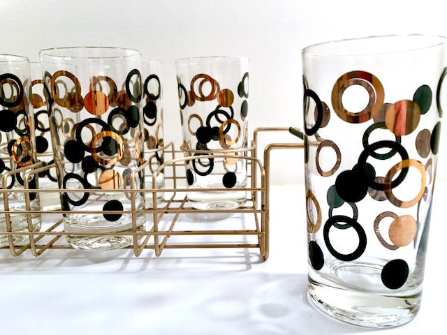 Mid-Century 22-Karat Gold and Black Circle Highball Glasses With Carrier (Set of 8)