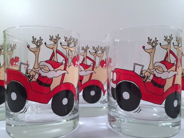 Cera Signed Mid-Century Santa and Reindeer in Car Glasses (Set of 6)