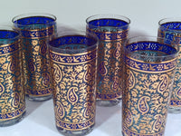 Load image into Gallery viewer, Georges Briard Signed Mid-Century Sari Blue Paisley &amp; 22-Karat Gold Highball Glasses (Set of 6)
