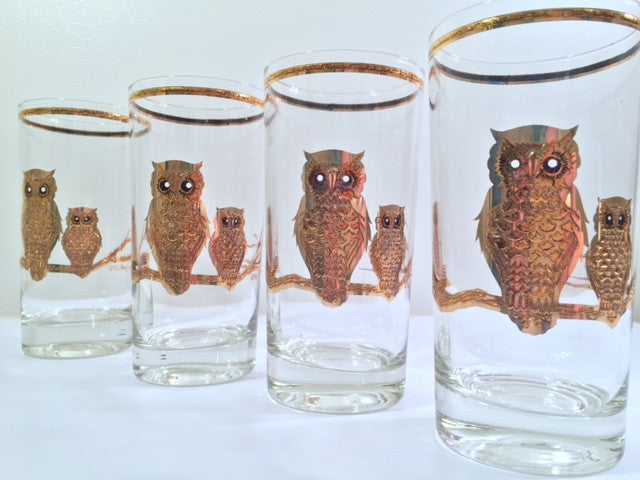 Culver Signed Mid-Century 22-Karat Gold Retro Owl Tall Glasses (Set of 4)