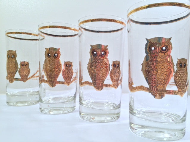 Culver Signed Mid Century 22 Karat Gold Retro Owl Tall Glasses Set of 4