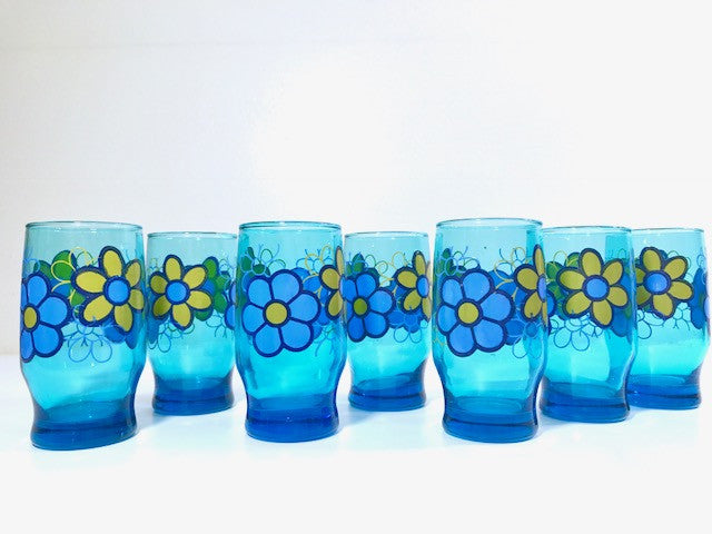 Libbey Retro Blue Flower Power Glasses (Set of 7)