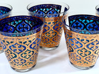 Load image into Gallery viewer, Georges Briard Signed Mid-Century Firenza Blue and 22-Karat Gold Italian Renaissance Cross Double Old Fashion Glasses (Set of 5)
