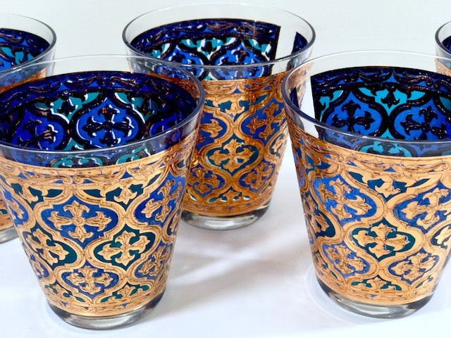 Georges Briard Signed Mid-Century Firenza Blue and 22-Karat Gold Italian Renaissance Cross Double Old Fashion Glasses (Set of 5)