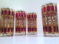 Load image into Gallery viewer, Culver Signed Mid-Century Cranberry Scroll 22-Karat Gold Glasses (Set of 4)
