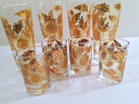 Load image into Gallery viewer, Bartlett Collins Mid-Century Golden Chrysanthemums 8-Piece Set (4 Tall Collins Glasses, 4 Double Shot Glasses)
