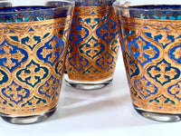 Load image into Gallery viewer, Georges Briard Signed Mid-Century Firenza Blue and 22-Karat Gold Italian Renaissance Cross Double Old Fashion Glasses (Set of 5)
