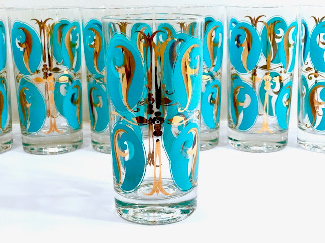 Mid-Century Abstract Turquoise and 22-Karat Gold Glasses (Set of 7)