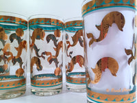 Load image into Gallery viewer, Fred Press Signed Mid-Century Turquoise &amp; 22-Karat Gold Dolphin Glasses (Set of 6)
