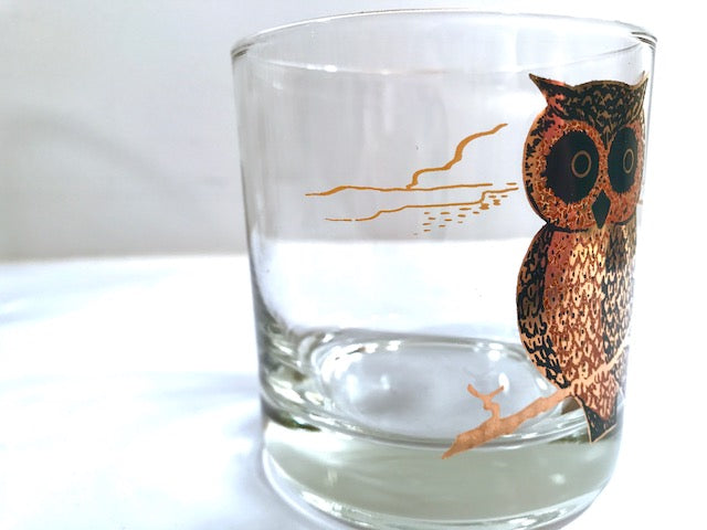 Couroc Signed Mid-Century Black and 22-Karat Gold Owl Old Fashion