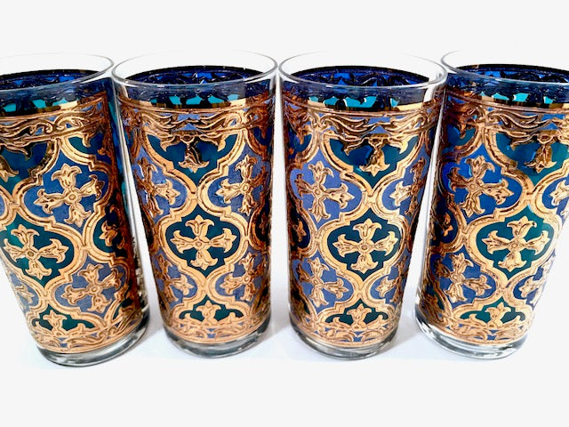 Georges Briard Signed Mid-Century Firenza Blue and 22-Karat Gold Italian Renaissance Cross Highball Glasses (Set of 4)
