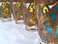 Load image into Gallery viewer, Georges Briard Signed Mid-Century Blue and Yellow Spade Whiskey-Double Shot Glasses (Set of 7)
