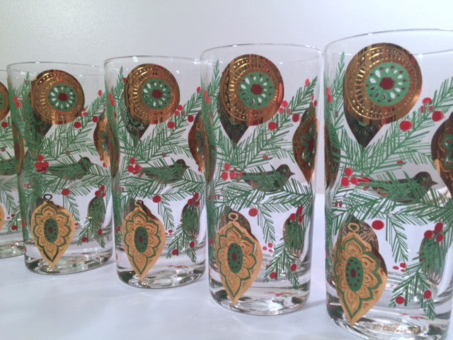 Culver Signed Mid-Century Christmas Tree with Bird and Ornament Highball Glasses (Set of 8)