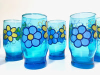Load image into Gallery viewer, Libbey Retro Blue Flower Power Glasses (Set of 7)
