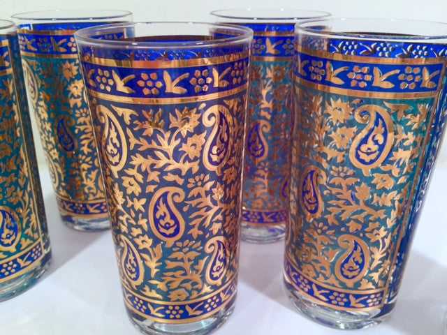 「good evening」 Georges Briard Signed Mid-Century Sari Blue Paisley & 22