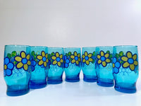 Load image into Gallery viewer, Libbey Retro Blue Flower Power Glasses (Set of 7)
