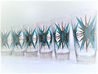 Load image into Gallery viewer, Federal Glass Inca Mid-Century Atomic Turquoise and 22-Karat Gold Starburst Glasses (Set of 6)
