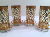 Load image into Gallery viewer, Culver Signed Mid-Century Valencia Green &amp; 22-Karat Gold 8-Piece Bar Set With Carrier (Set of 4 Glasses,  4 Coasters, Carrier)
