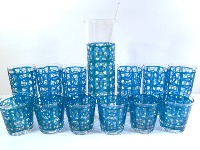 Pasinski Signed Mid-Century Blue and Green 14-Piece Cocktail Set