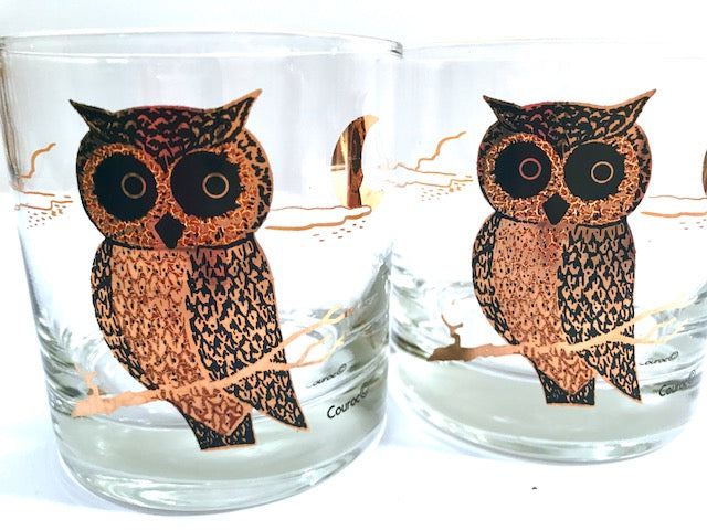 Couroc Signed Mid-Century Black and 22-Karat Gold Owl Old Fashion