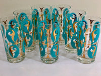 Load image into Gallery viewer, Mid-Century Abstract Turquoise and 22-Karat Gold Glasses (Set of 7)
