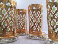 Load image into Gallery viewer, Culver Signed Mid-Century Valencia Green &amp; 22-Karat Gold 8-Piece Bar Set With Carrier (Set of 4 Glasses,  4 Coasters, Carrier)
