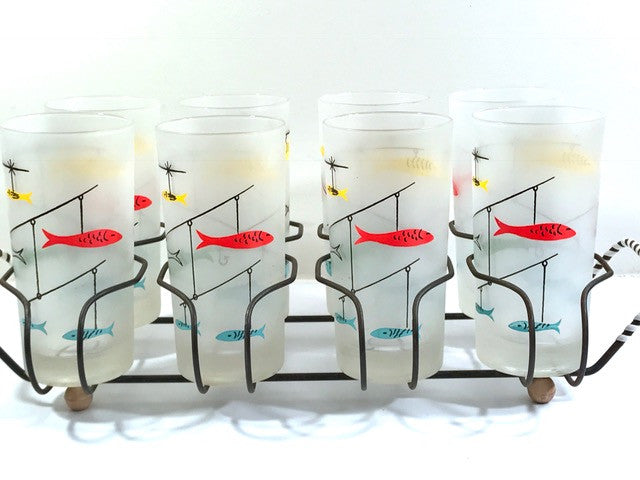 Mid-Century Fishing Lure Glasses with Carrier (Set of 8)