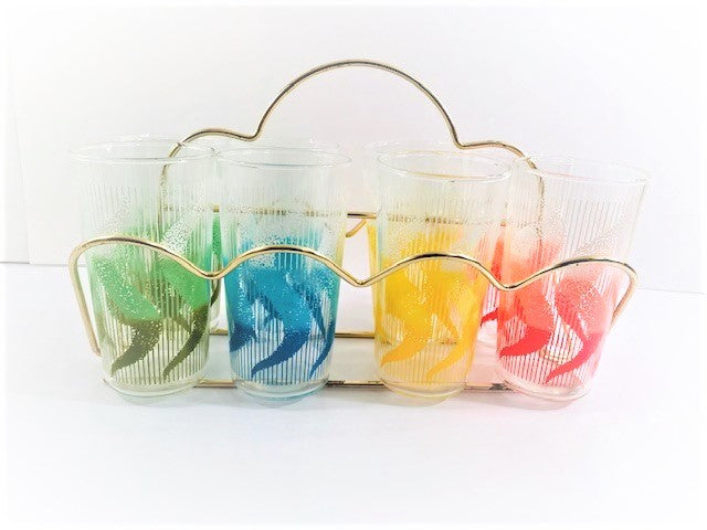 Vintage Green, Yellow, Red, Blue, Design Beverage Bar Water Glasses Set of 8