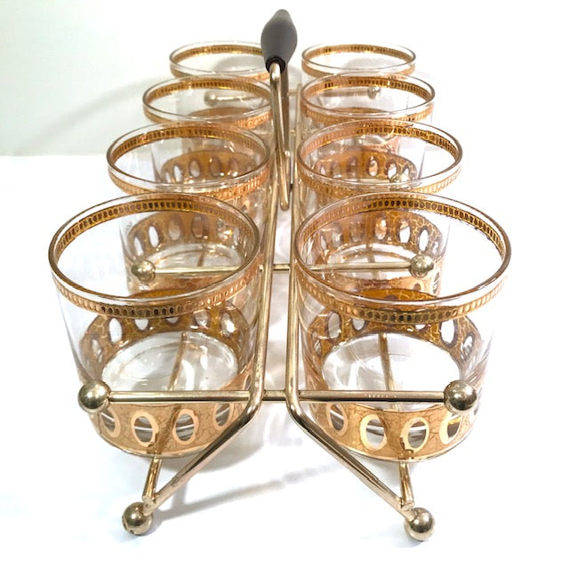 Culver Signed Antigua Mid-Century 22-Karat Gold Rock Glasses (Set of 8) with Atomic Carrier