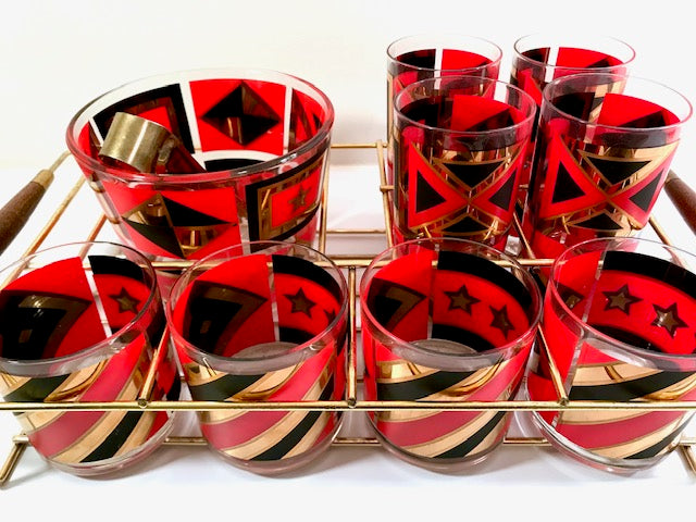 Mid-Century Geometric Red, Black and Gold 11-Piece Bar Set