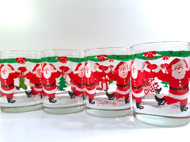Georges Briard Signed Mid-Century Dancing Santa Double Old Fashion Glasses (Set of 4)