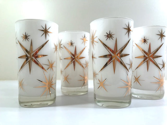 Federal Glass Mid-Century Frosted White Atomic & 22-Karat Gold Star Glasses (Set of 4)