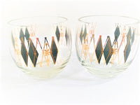 Load image into Gallery viewer, Federal Glass Mid-Century Gold and Black Harlequin Roly Poly Glasses (Set of 2)
