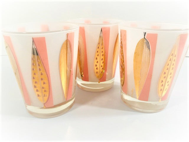 Fred Press Signed Mid-Century 22-Karat Gold Frosted Pink Leaf Double Old Fashion Glasses (Set of 3)