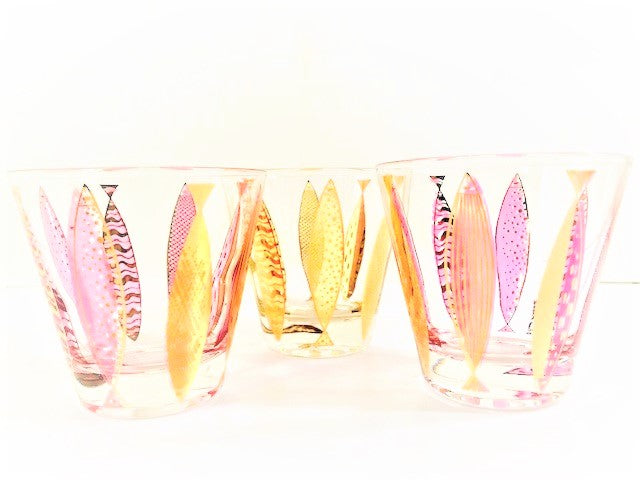Fred Press Signed Mid-Century Colorful Fish Old Fashion Glasses (Set of 3)