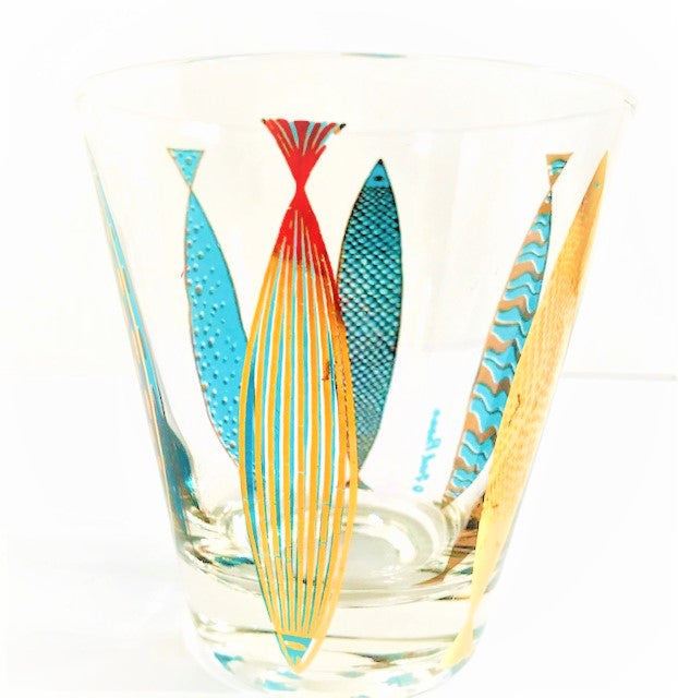Fred Press Signed Mid-Century Fish Double Old Fashion Glass - Single