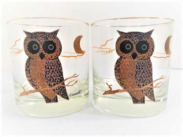 Couroc Signed Mid-Century Black and 22-Karat Gold Owl Old Fashion Glasses (Set of 2)