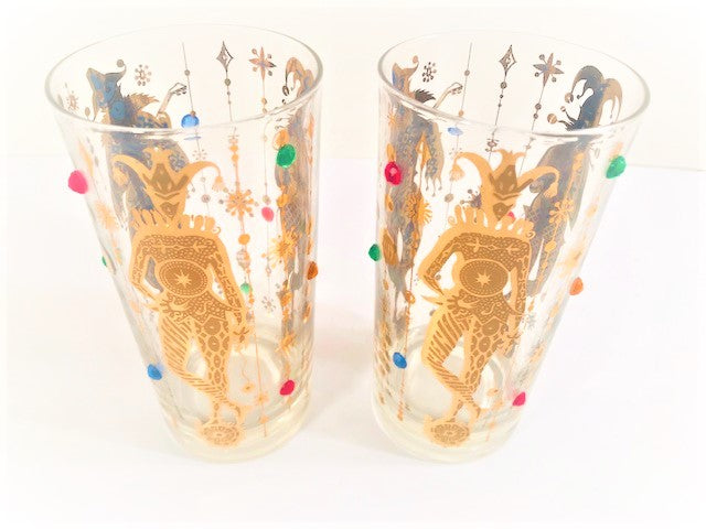 Culver Mid-Century Mardi Gras Jester With Jewels Highball Glasses (Set of 2)