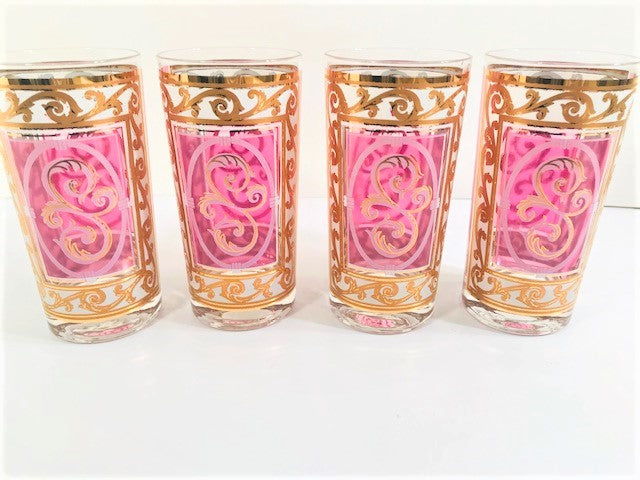 Fred Press Signed Pink and Gold Hollywood Regency Highball Glasses (Set of 4)