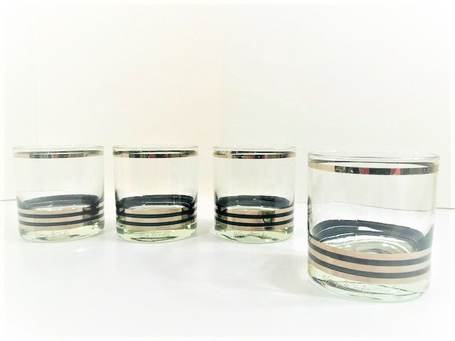Georges Briard Signed Mid-Century Black and Silver Bands Glasses (Set of 4)