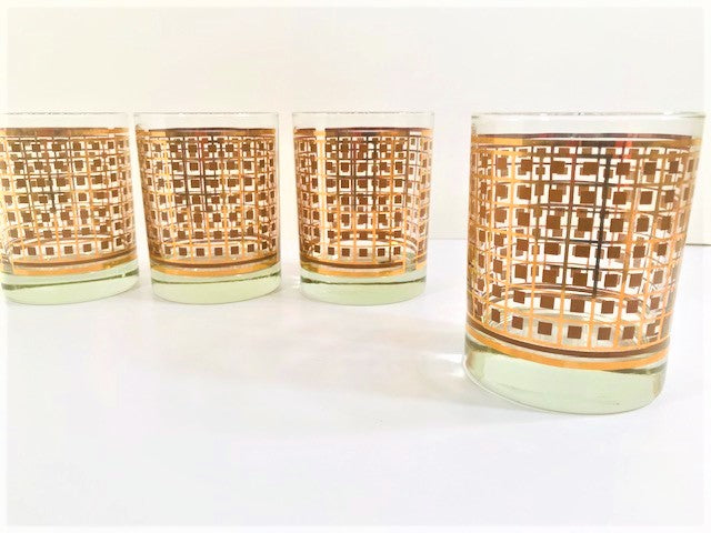Georges Briard Signed Mid-Century Golden Square Double Old Fashion Glasses (Set of 4)