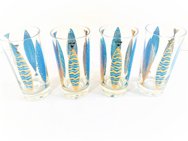 Fred Press Signed Mid-Century Blue Fish Glasses (Set of 4)